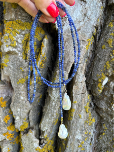 Single Strand of Blue Sodalite faceted Beads 3mm & one white Baroque Pearl on each end. Versatile Lariat Wrap Necklace, 47"inches long