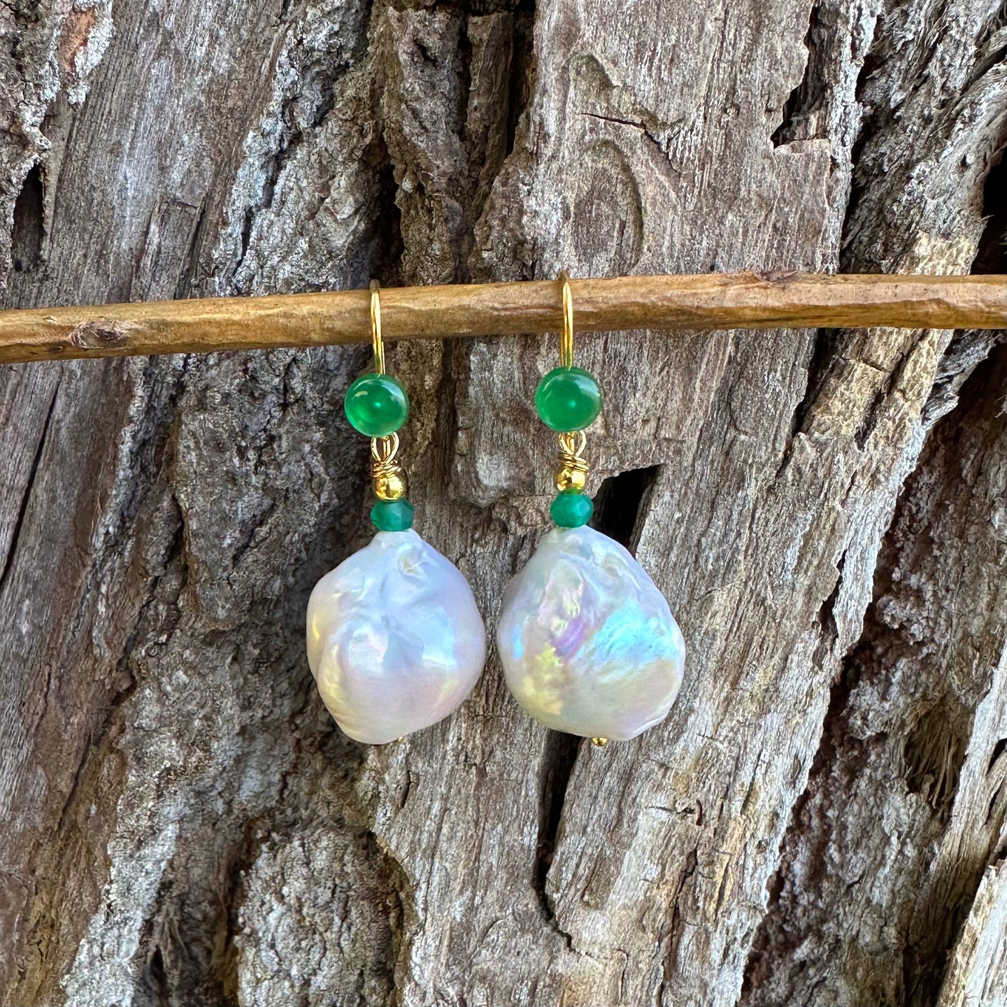 White Baroque Pearl Drop Earrings with Emerald Green Agate Accent, Gold Vermeil Plated Silver