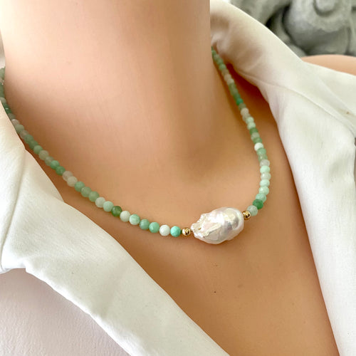 Stunning shaded light green  Necklace featuring faceted Chrysoprase round beads and a Large White Baroque Pearl centerpiece. A beautiful Gift For Her. Crafted with gold filled, the necklace measures 17.5 inches in length