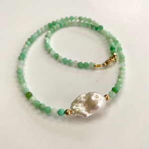 Chrysoprase Necklace with Freshwater Baroque Pearl, Gold Filled Details, 17.5"inches