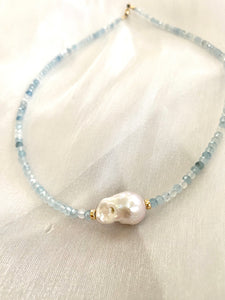 Aquamarine and Baroque Pearl Beaded Necklace, Gold Filled, March Birthstone, 16"inches
