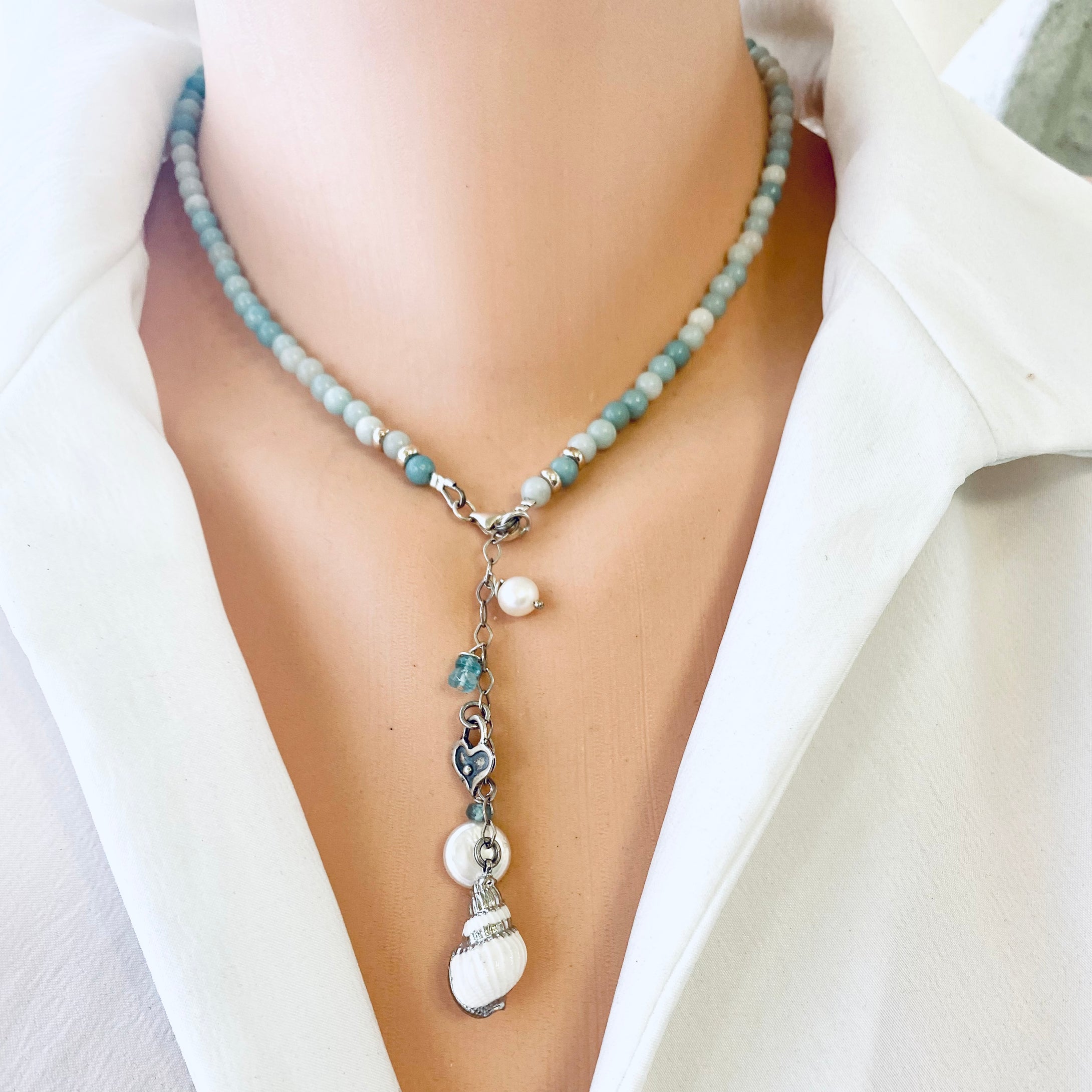 Light shaded blue Amazonite beaded necklace, Heart, pearl and seashell charms. Sterling Silver, 16