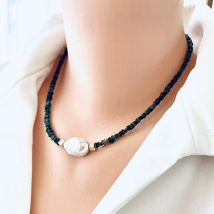 Ethiopian Black Opal and Baroque Pearl Necklace, Gold Vermeil Details, 17"Inches