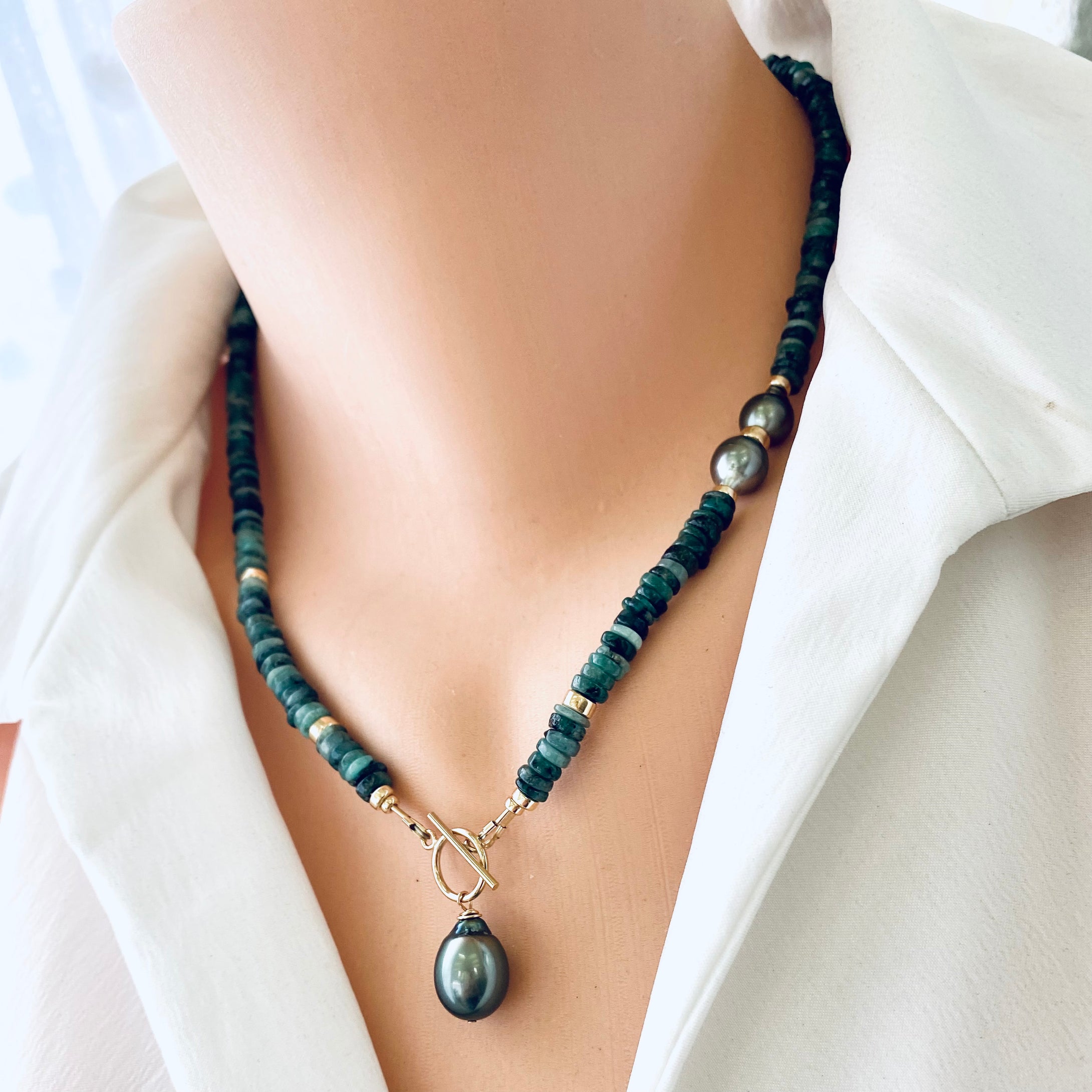Green Emerald and Tahitian Black Baroque Pearls Toggle Necklace, Gold Filled, May Birthstone, 18.5