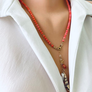 Pink Bamboo Coral Necklace with a Tiny Gold filled Starfish, Pearl and Shell Pendant 18.5"or20.5"in