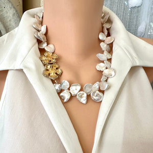 Spectacular White Keshi Pearl Necklace with Gold Plated Flower Box Clasp - 20"