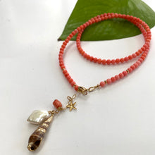 Carica l&#39;immagine nel visualizzatore di Gallery, Pink Bamboo Coral Necklace with a Tiny Gold filled Starfish, Pearl and Shell Pendant 18.5&quot;or20.5&quot;in

