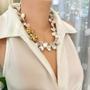 Spectacular White Keshi Pearl Necklace with Gold Plated Flower Box Clasp - 20"