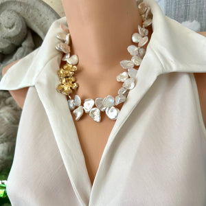 Spectacular White Keshi Pearl Necklace with Gold Plated Flower Box Clasp - 20"