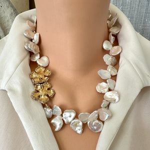 Spectacular White Keshi Pearl Necklace with Gold Plated Flower Box Clasp - 20"