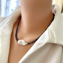 Load image into Gallery viewer, Denim Blue Iolite and Baroque Pearl Beaded Necklace, Gold Filled Details, 18&quot;inches

