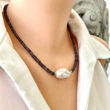 Load image into Gallery viewer, Denim Blue Gemstone Necklace with Baroque Pearl Focal
