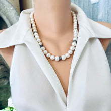 Load image into Gallery viewer, White Pearls Necklace w Zircons Pave Rondelle, Gunmetal Over Sterling Silver, 20&quot;in
