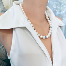 Carica l&#39;immagine nel visualizzatore di Gallery, White Pearls Necklace w Zircons Pave Rondelle, Gunmetal Over Sterling Silver, 20&quot;in
