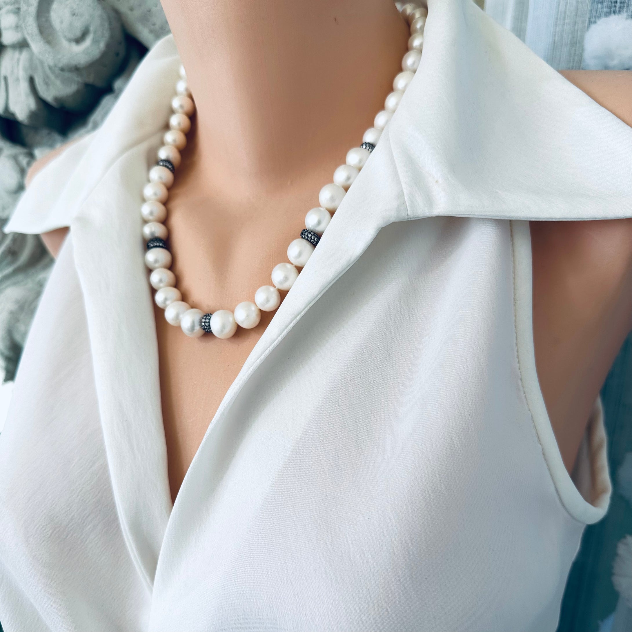 White Pearls Necklace & Zircons Pave Beads