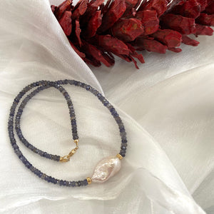 Blue Iolite and Baroque Pearl Beaded Necklace, Gold Filled Details, 18"inches 