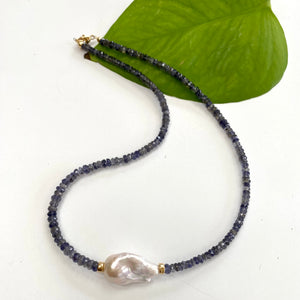 Blue Iolite and Baroque Pearl Beaded Necklace, Gold Filled Details, 18"inches 