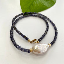 Load image into Gallery viewer, Denim Blue Iolite and Baroque Pearl Beaded Necklace, Gold Filled Details, 18&quot;inches
