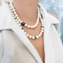 Load image into Gallery viewer, White Pearls Necklace w Zircons Pave Rondelle, Gunmetal Over Sterling Silver, 20&quot;in
