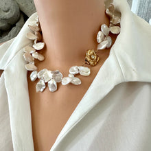 Load image into Gallery viewer, Romantic &amp; elegant White Keshi Pearl Necklace. Featuring lustrous petal-shaped Keshi pearls, finished with a large gold-plated one of a kind flower box clasp that adds a charming, vintage-inspired detail. 17.5 inches long.
