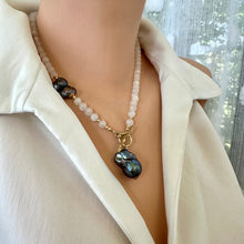 Carica l&#39;immagine nel visualizzatore di Gallery, White moonstone bead necklace with 6mm beads, featuring a side black peacock pearl and a baroque pearl pendant, accented with a gold bronze artisan toggle and gold-filled details. This 18-inch necklace is an elegant June birthstone gift for her.
