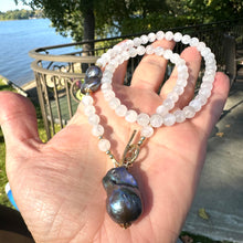 Load image into Gallery viewer, White moonstone bead necklace with 6mm beads, featuring a side black peacock pearl and a baroque pearl pendant, accented with a gold bronze artisan toggle and gold-filled details. This 18-inch necklace is an elegant June birthstone gift for her.
