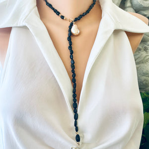 Black Tourmaline and Golden Pink Baroque Pearl Toggle Necklace, Gold Plated, 22" or 23"inches