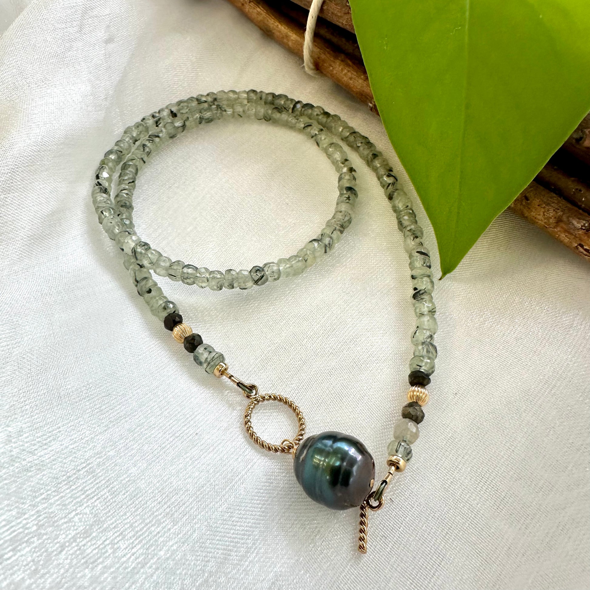 Prehnite tahitian pearl necklace featuring gold filled toggle clasp and green prehnite gemstones