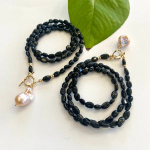 Black Tourmaline and Golden Pink Baroque Pearl Toggle Necklace, Gold Plated, 22" or 23"inches