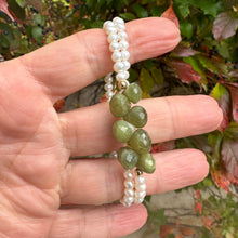 Load image into Gallery viewer, double wrap bracelet, featuring one long strand of lustrous freshwater pearls 4mm accented by stunning olive green Vesuvianite briolettes, gold filled details and lobster clasp
