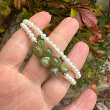 Load image into Gallery viewer, double wrap bracelet, featuring one long strand of lustrous freshwater pearls 4mm accented by stunning olive green Vesuvianite briolettes, gold filled details and lobster clasp
