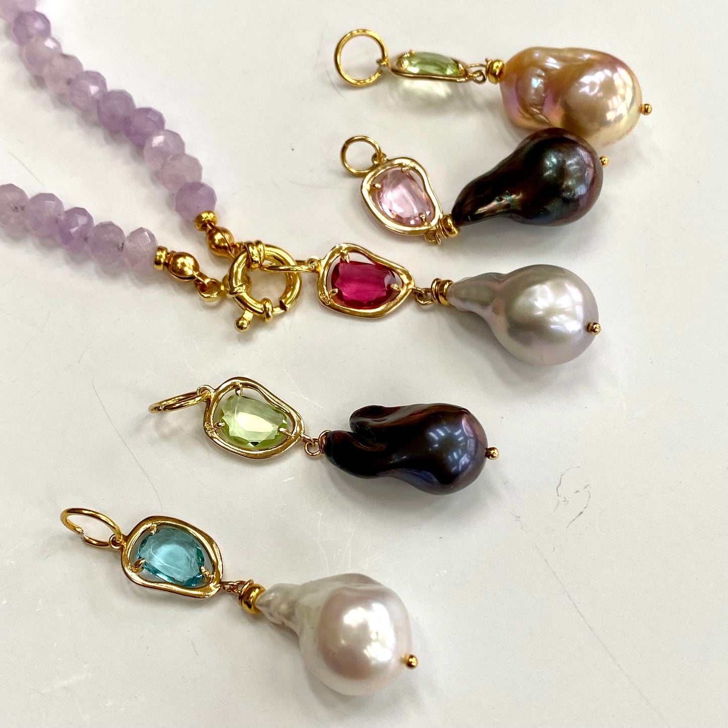 Lavender amethyst baroque pearl necklace showcasing pastel candy bead pendant and colorful Baroque pearls.