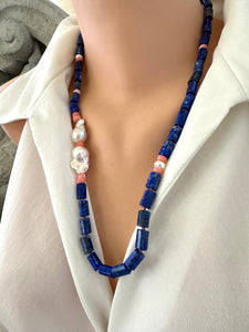 Hand Knotted Lapis Lazuli Tube Beads Necklace with Pink Coral & Baroque Pearls | Silver Details