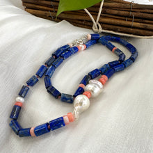 Lade das Bild in den Galerie-Viewer, Hand Knotted Lapis Lazuli Tube Beads Necklace with Pink Coral &amp; Baroque Pearls | Silver Details
