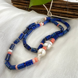 Hand Knotted Lapis Lazuli Tube Beads Necklace with Pink Coral & Baroque Pearls | Silver Details