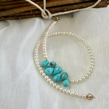 Load image into Gallery viewer, Double Wrap Freshwater Pearl or Pyrite Beaded Bracelet with Arizona Turquoise Briolettes | Gold Filled
