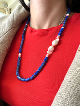 Lade das Bild in den Galerie-Viewer, Hand Knotted Lapis Lazuli Tube Beads Necklace with Pink Coral &amp; Baroque Pearls | Silver Details
