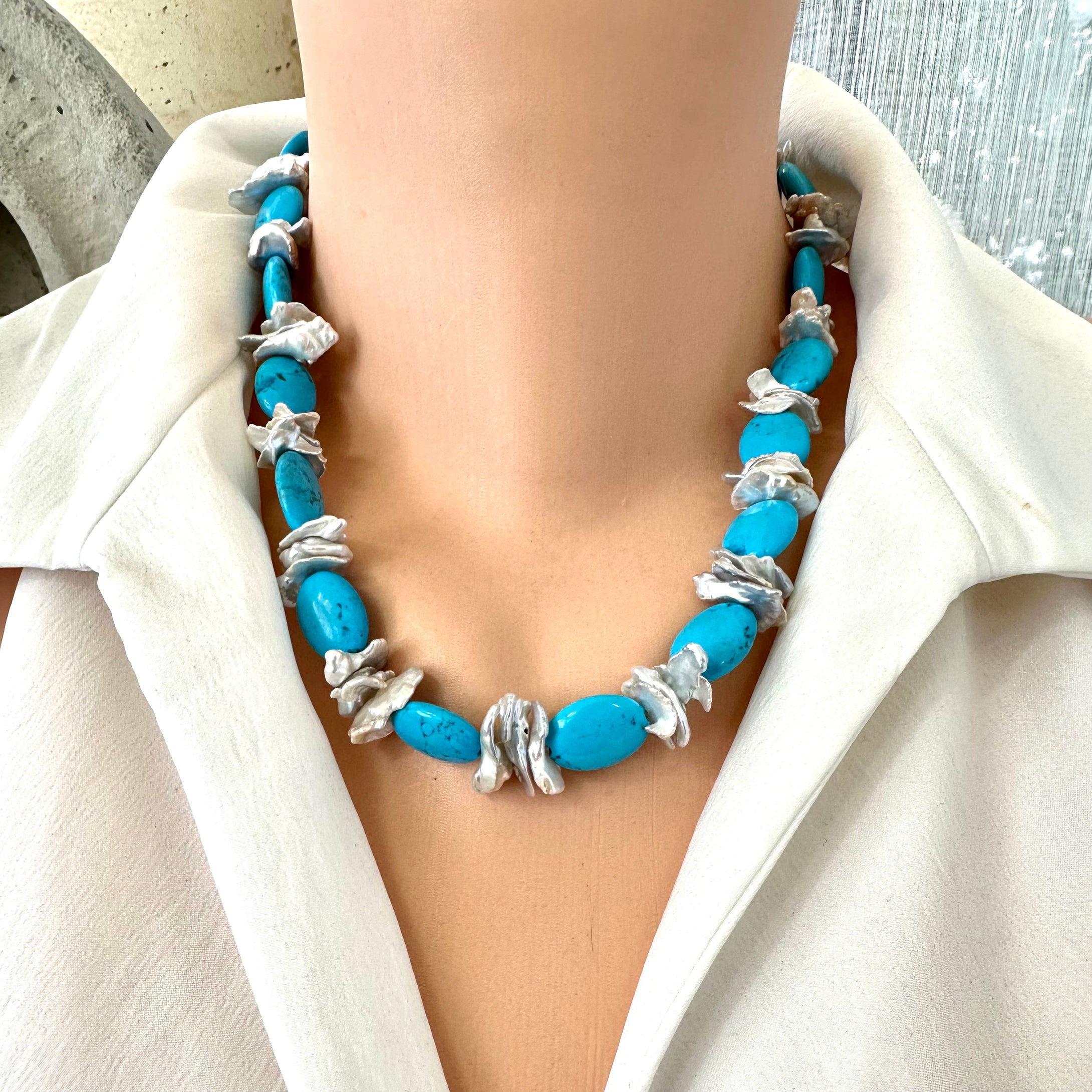 Chunky Turquoise and Silver Grey Keshi Pearl Necklace, Silver