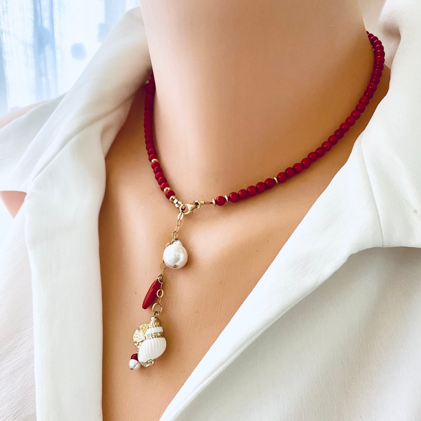 Red Coral Necklace with a tiny sea shell and Pearl Pendant