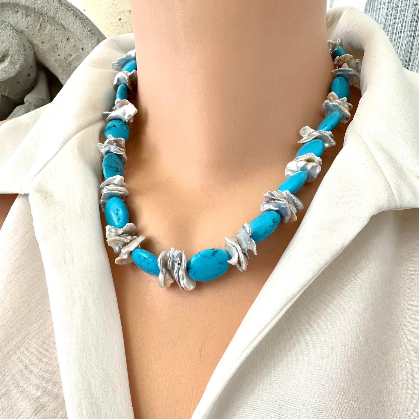 Chunky Turquoise Smooth Oval Beads Necklace with Large Silver Grey Keshi Pearls Sterling Silver Marine Clasp Turquoise & Gray Petal Pearl Statement Necklace. 19.5inches; or 22inches