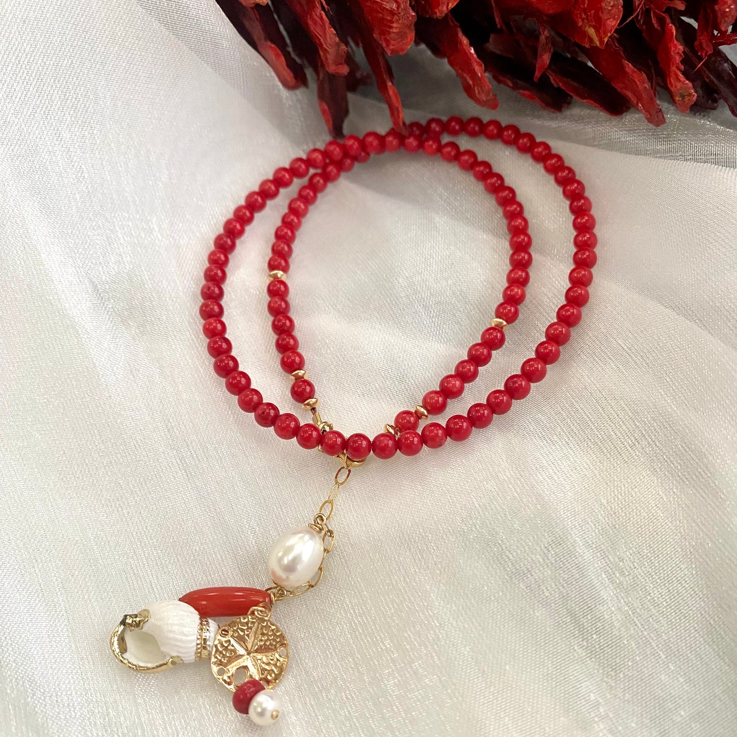 Red Coral Necklace with a tiny seashell & Pearl Pendant