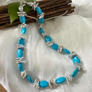 Chunky Turquoise Smooth Oval Beads Necklace with Large Silver Grey Keshi Pearls Sterling Silver Marine Clasp Turquoise & Gray Petal Pearl Statement Necklace. 19.5inches; or 22inches