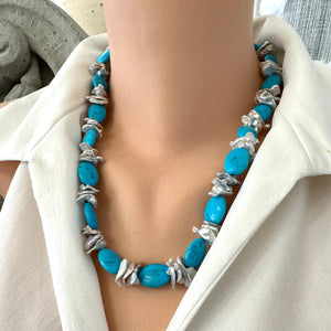 Chunky Turquoise Smooth Oval Beads Necklace with Large Silver Grey Keshi Pearls Sterling Silver Marine Clasp Turquoise & Gray Petal Pearl Statement Necklace. 19.5inches; or 22inches