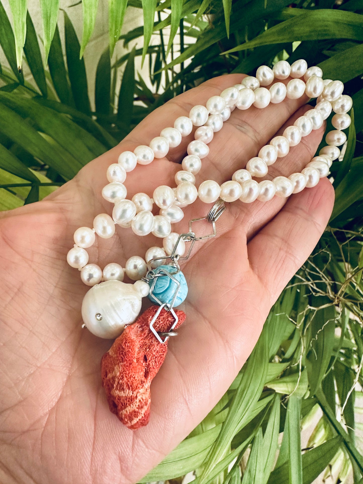 Pearl Necklace with Red Coral Pendant & Turquoise Charm