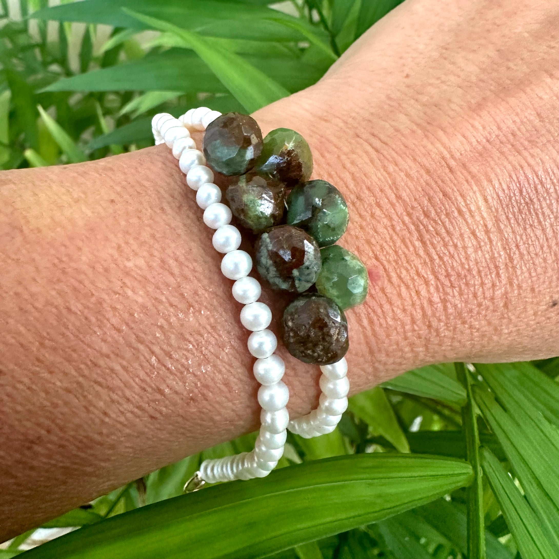 Double Wrap Pearl Bracelet & Green Chrysoprase, 14K GF