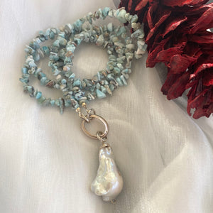 Long Larimar Necklace with an Extra Large Fresh Water Baroque Pearl Pendant