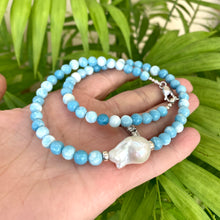 Charger l&#39;image dans la galerie, Larimar Quartz and Freshwater Baroque Pearl Beaded Necklace, Sterling Silver, 17.5&quot;inches
