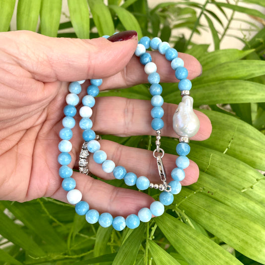 Larimar Like Quartz & Baroque Pearl Necklace