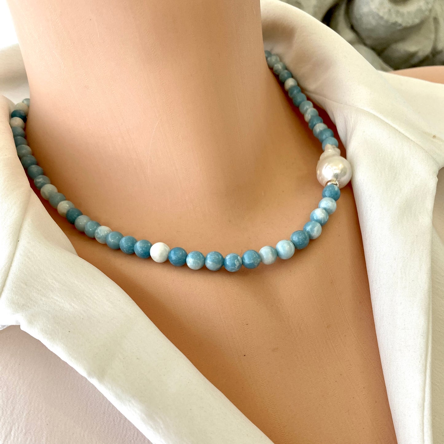 Larimar Like Quartz & Baroque Pearl Necklace
