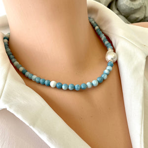 Larimar Quartz and Freshwater Baroque Pearl Beaded Necklace, Sterling Silver, 17.5"inches